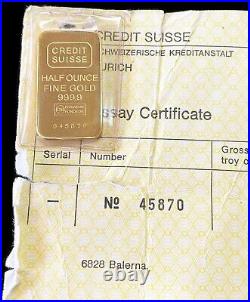 VINTAGE CREDIT SUISSE SWITZERLAND GOLD 1/2 OZ. 9999 FINE SEALED BAR WithASSAY CARD