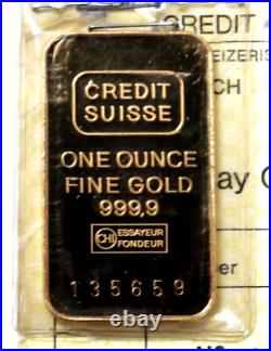 VINTAGE CREDIT SUISSE SWITZERLAND GOLD 1 OZ. 9999 FINE SEALED BAR WithASSAY CARD