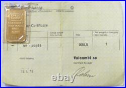 VINTAGE CREDIT SUISSE SWITZERLAND GOLD 1 OZ. 9999 FINE SEALED BAR WithASSAY CARD