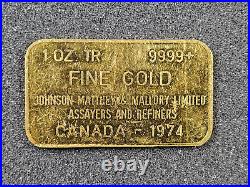 VINTAGE Johnson Matthey & Mallory 1 oz Gold Bar. 9999 Fine Gold Bar