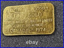 VINTAGE Johnson Matthey & Mallory 1 oz Gold Bar. 9999 Fine Gold Bar