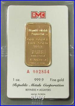 VINTAGE REPUBLIC METALS CORP RMC 1 oz 999.9 FINE BAR SEALED IN ASSAY CARD