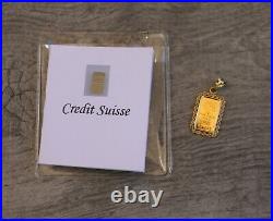 VTG 1 Gram. 999 Credit Suisse Bar Framed 14k Yellow Gold Roped Pendant With CERT