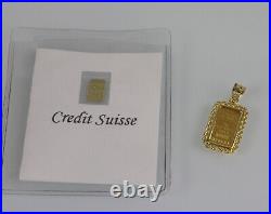 VTG 1 Gram. 999 Credit Suisse Bar Framed 14k Yellow Gold Roped Pendant With CERT