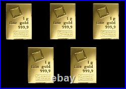 Valcambi 1g Fine Gold Bars x 5 Pieces = 5 Grams Total Gold Weight