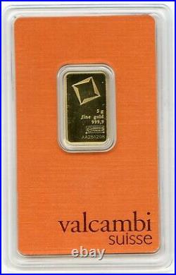 Valcambi Suisse 5 Gram 9999 Fine Gold Bar with Assay Card JN069
