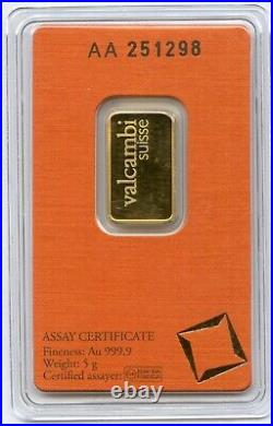 Valcambi Suisse 5 Gram 9999 Fine Gold Bar with Assay Card JN069