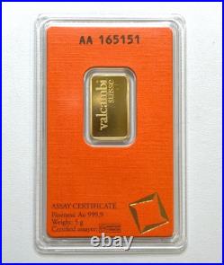 Valcambi Suisse 5g 999.9 Fine Gold Bar in Assay