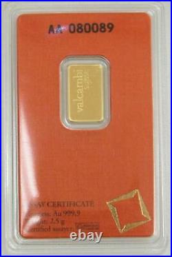 Valcambi Suisse Gold 2.5 Grams 999.9 Fine Bar Chi Essayeur Fondeur In Coa Card