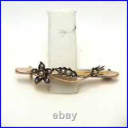 Victorian 9K 9CT Rose Gold Seed Pearl Flower Bar Brooch Pin