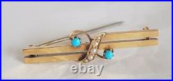 Victorian 9ct Gold Bar brooch. Etruscan design. Set with turquoise & seed pearls