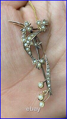 Victorian Gold and Seed Pearl Floral & Bird Bar Pin Brooch