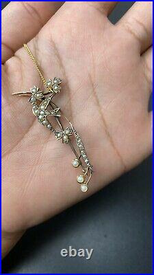 Victorian Gold and Seed Pearl Floral & Bird Bar Pin Brooch