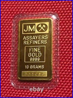 Vintage 10 Gram JM'Crossed-Hammers' 9999 Fine Gold Bar'00' Serial / Blank Back