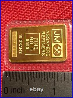 Vintage 10 Gram JM'Crossed-Hammers' 9999 Fine Gold Bar'00' Serial / Blank Back