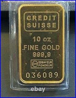 Vintage 10ozt Credit Suisse Gold Bar. 9999 Fine with Assay Card, Factory Sealed