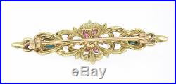 Vintage 14K Yellow Gold Round Ruby Pearl Oval Cabochon Turquoise Bar Pin Brooch