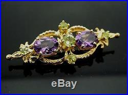 Vintage 14Kt Yellow Gold Faceted Amethyst And Peridot Gemstone Bar Brooch