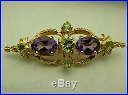 Vintage 14Kt Yellow Gold Faceted Amethyst And Peridot Gemstone Bar Brooch