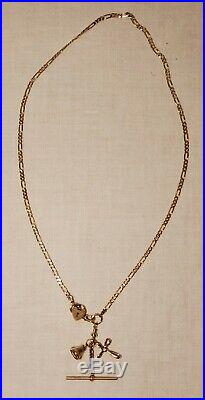 Vintage 14k Gold Figaro Necklace Watch Chain T-Bar 3 Charms 13.6 G 22 Scrap Not