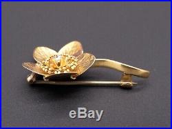 Vintage 14k Yellow Gold Round Cut Diamond Clover Flower Brooch Bar Pin