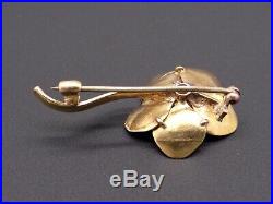 Vintage 14k Yellow Gold Round Cut Diamond Clover Flower Brooch Bar Pin