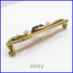 Vintage 1920s Art Deco 10k Gold Onyx Diamond Seed Pearl Filigree Bar Brooch Pin