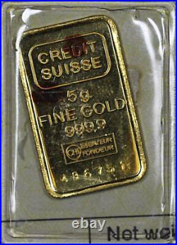 Vintage 1979 Valcambi Sa. Credit Suisse 5 gram 999.9 Fine Gold Bar with Assay