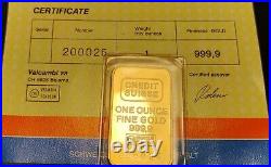 Vintage 1 oz Credit Suisse Gold Bar Sealed. 9999 Fine with matching Assay Card