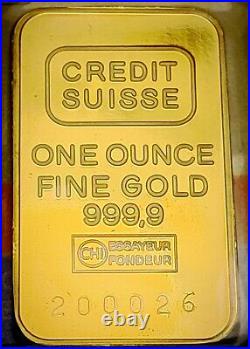 Vintage 1 oz Credit Suisse Gold Bar Sealed. 9999 Fine with matching Assay Card