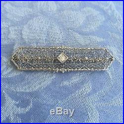 Vintage Antique Art Deco 14K & P White Gold Diamond Filigree Bar Pin Brooch