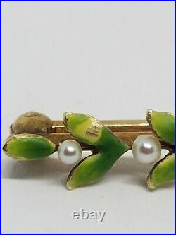 Vintage Art Deco 10k Yellow Gold Enamel Leaves Seed Pearl Small Bar Brooch Pin