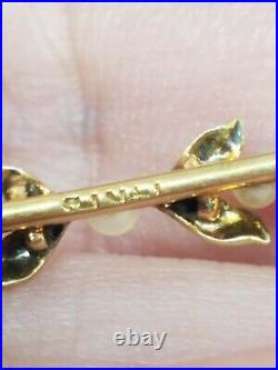 Vintage Art Deco 10k Yellow Gold Enamel Leaves Seed Pearl Small Bar Brooch Pin