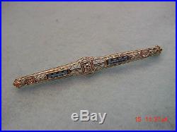 Vintage Art Deco 18K Gold Filigree Diamond Sapphire Bar Pin Brooch