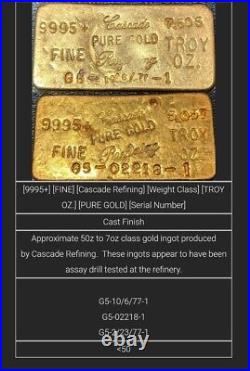 Vintage Cascade Refining 5.102 Troy Oz Fine. 9995 Gold Bar- Very Rare