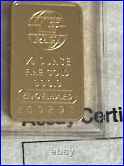Vintage Engelhard 1/4 Oz Gold Bar 999.9 Fine Scarce E MC Logo with Assay cert