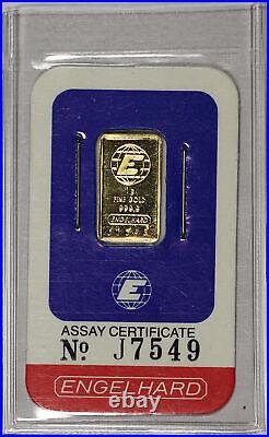 Vintage Engelhard 1 gram 999.9 Fine Gold Bar In Sealed Assay Certificate #J7549