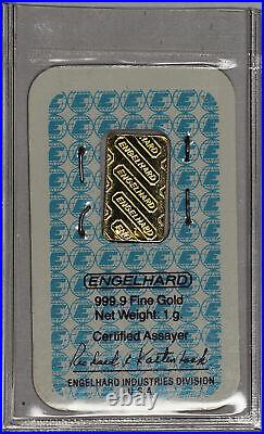Vintage Engelhard 1 gram 999.9 Fine Gold Bar In Sealed Assay Certificate #J7549