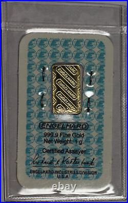 Vintage Engelhard 1 gram 999.9 Fine Gold Bar In Sealed Assay Certificate #J9323