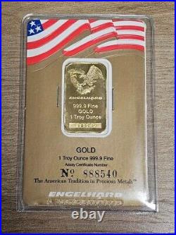 Vintage Engelhard 1 oz Gold Bar. 9999 Fine Eagle Design Sealed In Assay Q0304-01