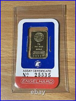 Vintage Engelhard 5 Gram. 9999 Fine Gold Bar In Orig. Card Sealed