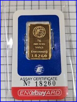 Vintage Engelhard 5 Gram. 9999 Fine Gold Bar In Orig. Card Sealed Very Nice