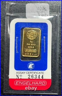 Vintage Engelhard 5 Gram 999.9 Fine Gold Bar In Orig. Card Sealed Very Nice