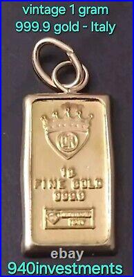 Vintage ITALY. 999 Fine Gold Bar Pendant Charm 1 Gram 24k