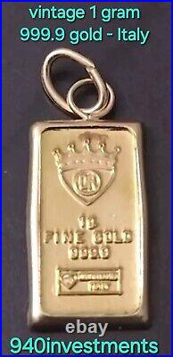 Vintage ITALY. 999 Fine Gold Bar Pendant Charm 1 Gram 24k Vintage ITALY. 999 Fine Gold Bar Pendant Charm 1 Gram 24k