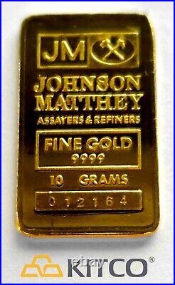 Vintage Johnson Matthey 10g Fine Gold Minted bar 9999 #012164