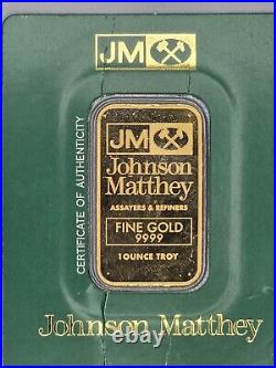 Vintage Johnson Matthey 1 oz Fine Gold Minted bar 9999 Green Assay Card