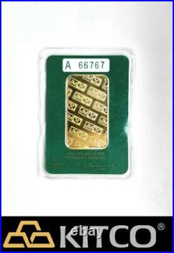 Vintage Johnson Matthey 1 oz Fine Gold Minted bar 9999 Green Assay Card #A66767