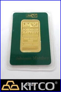 Vintage Johnson Matthey 1 oz Fine Gold Minted bar 9999 Green Assay Card #A 59507