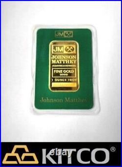 Vintage Johnson Matthey 1 oz Fine Gold Minted bar 9999 Green Assay Card #A 59739